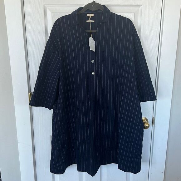 Bellerose Ateliers Navy Blue Pinstripe Oversized Shirt Shift Dress NWT - Picture 3 of 6